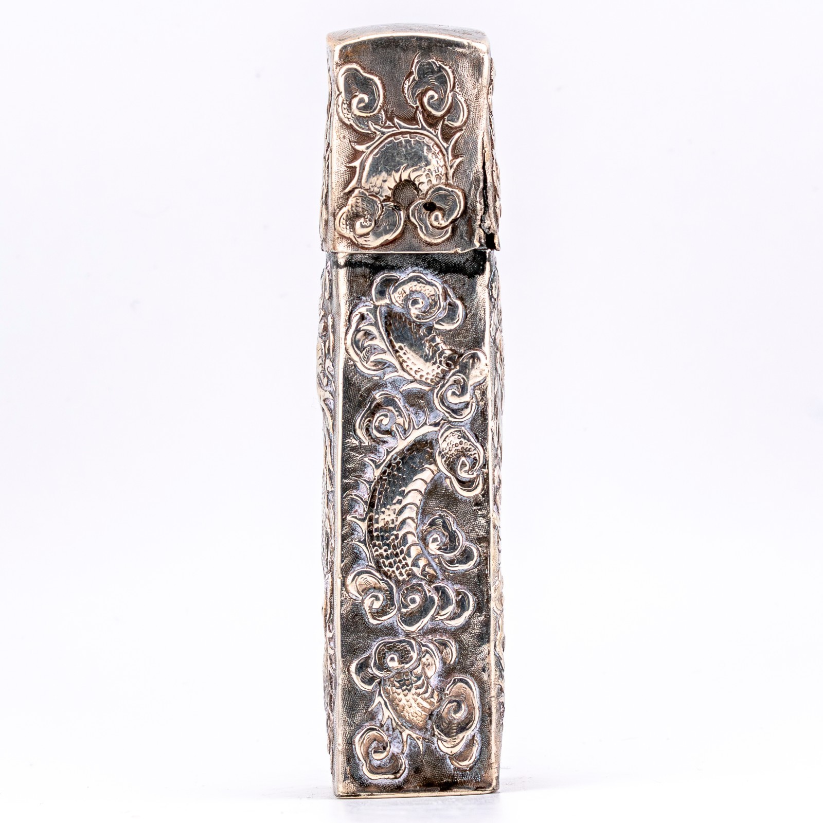 Chinese Solid Silver Dragon Pearl Case Box Qing Marked Canton Late 19th C