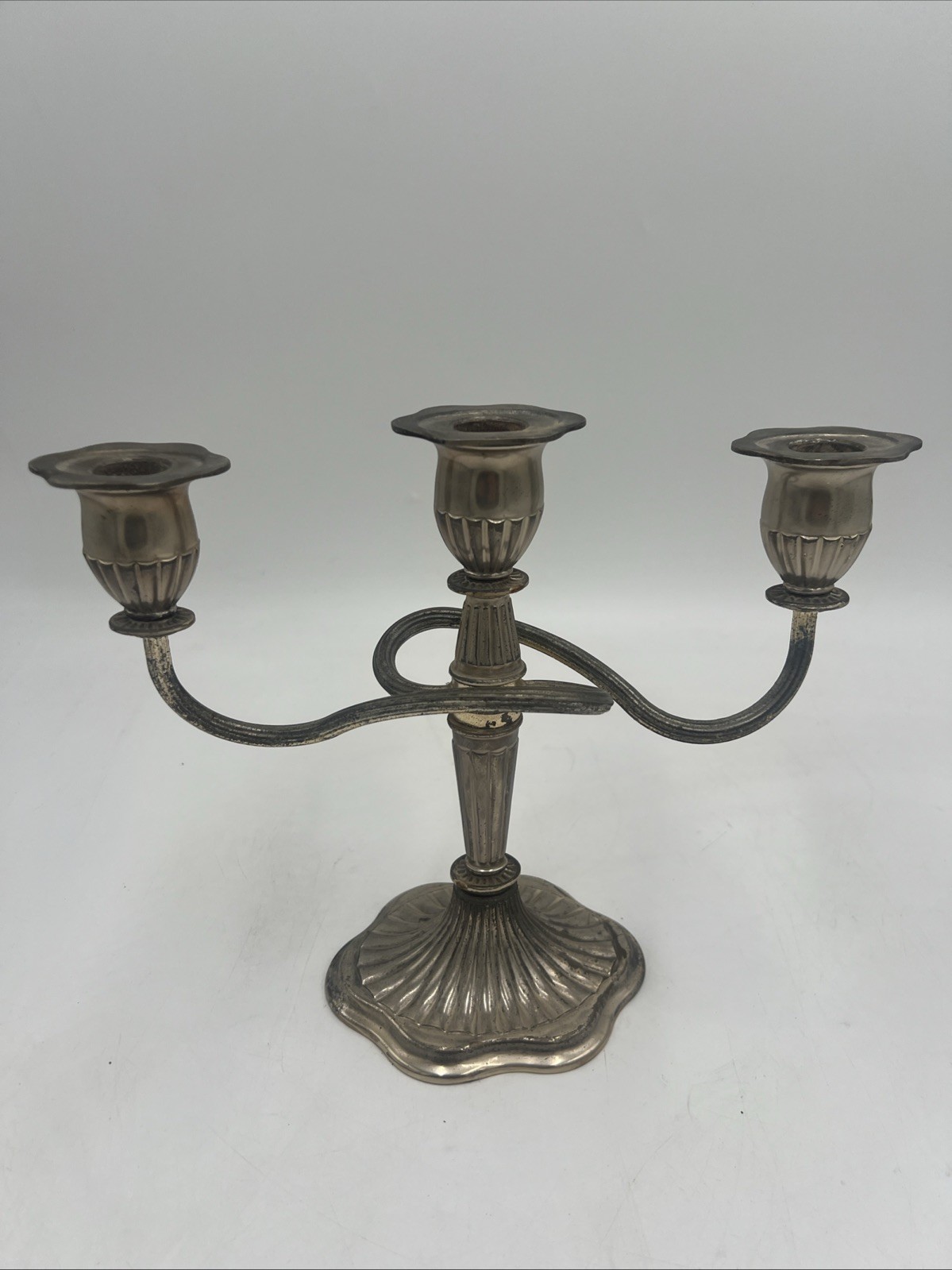 Vintage Silver-Plated E.P. Zinc 3 Arm Spiral Candelabra Made In England Mid Cent