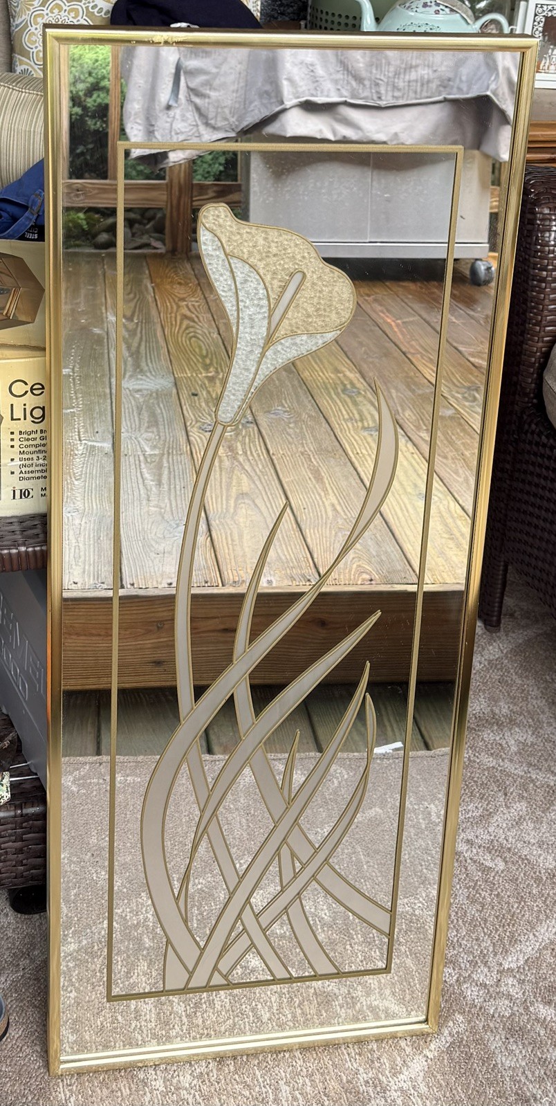 Vintage Etched Floral Mirror Windsor Modern Deco Design calla lily Art 80s Gold