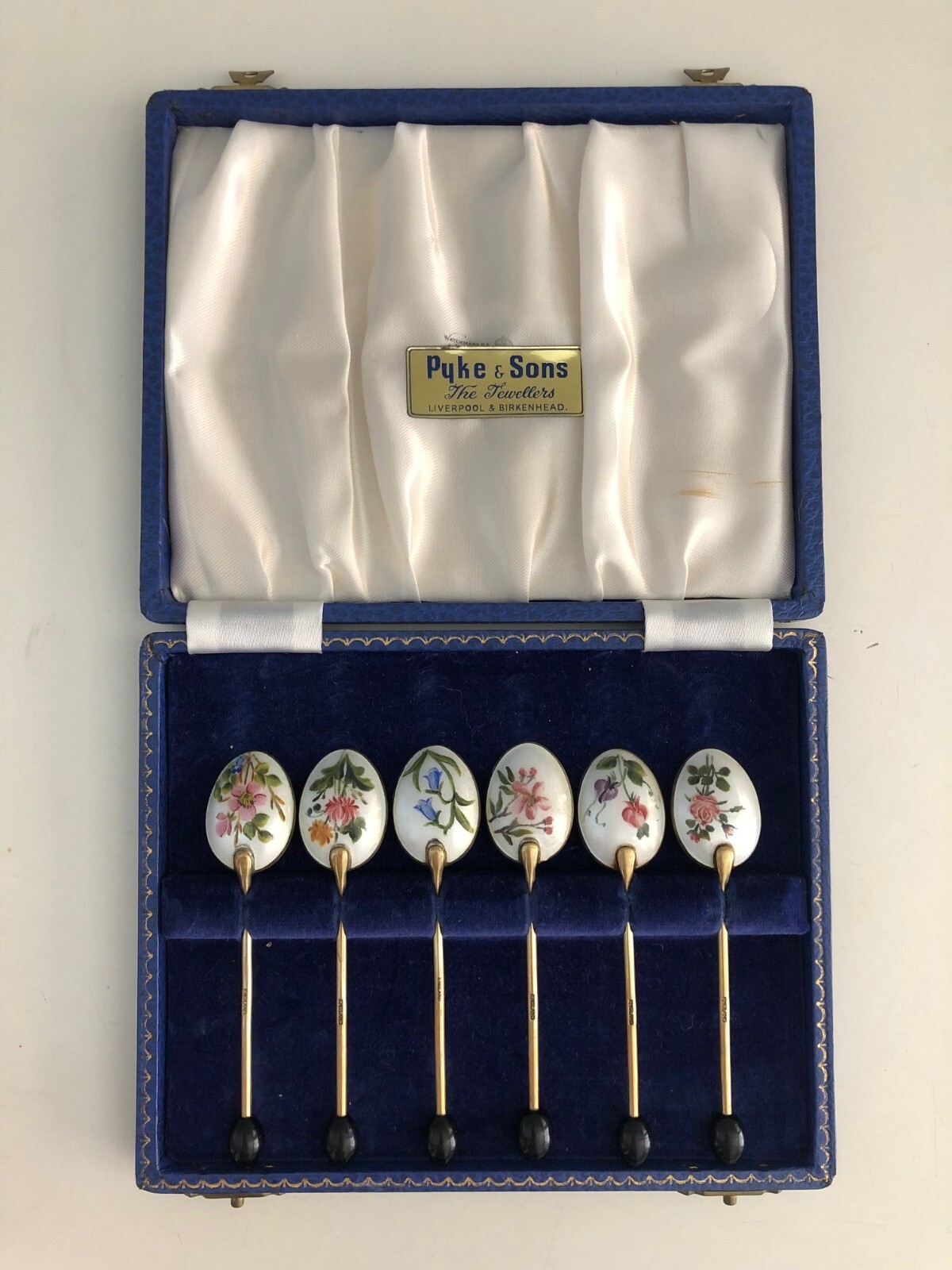 English Sterling Silver Brass Floral Enamel Tea Coffee Bean Spoons Cased