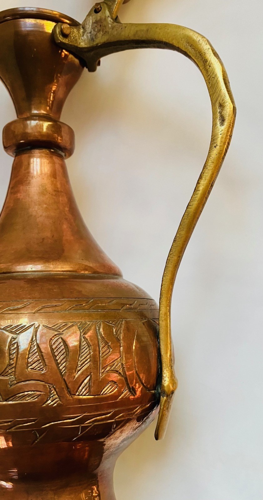 Vintage Islamic Middle Eastern Hand-forged and Engraved Copper Rosewater Ewer