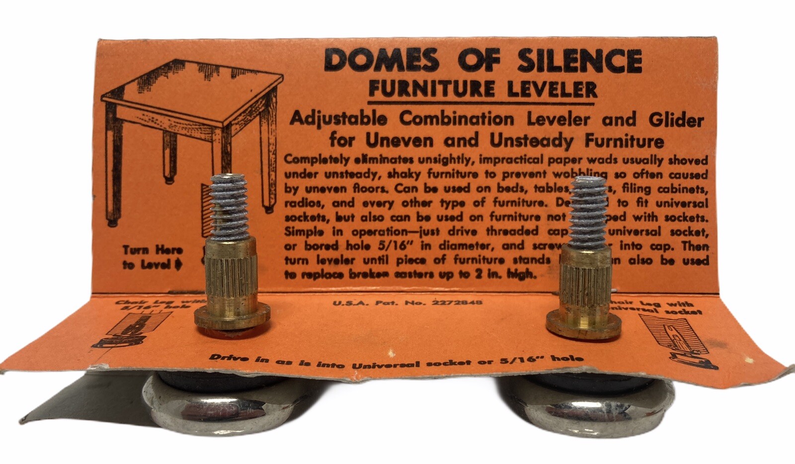 2-NEW VINTAGE ORIGINAL “DOMES OF SILENCE” GLIDES- WOODEN CHAIR 5/16th SOCKET NOS