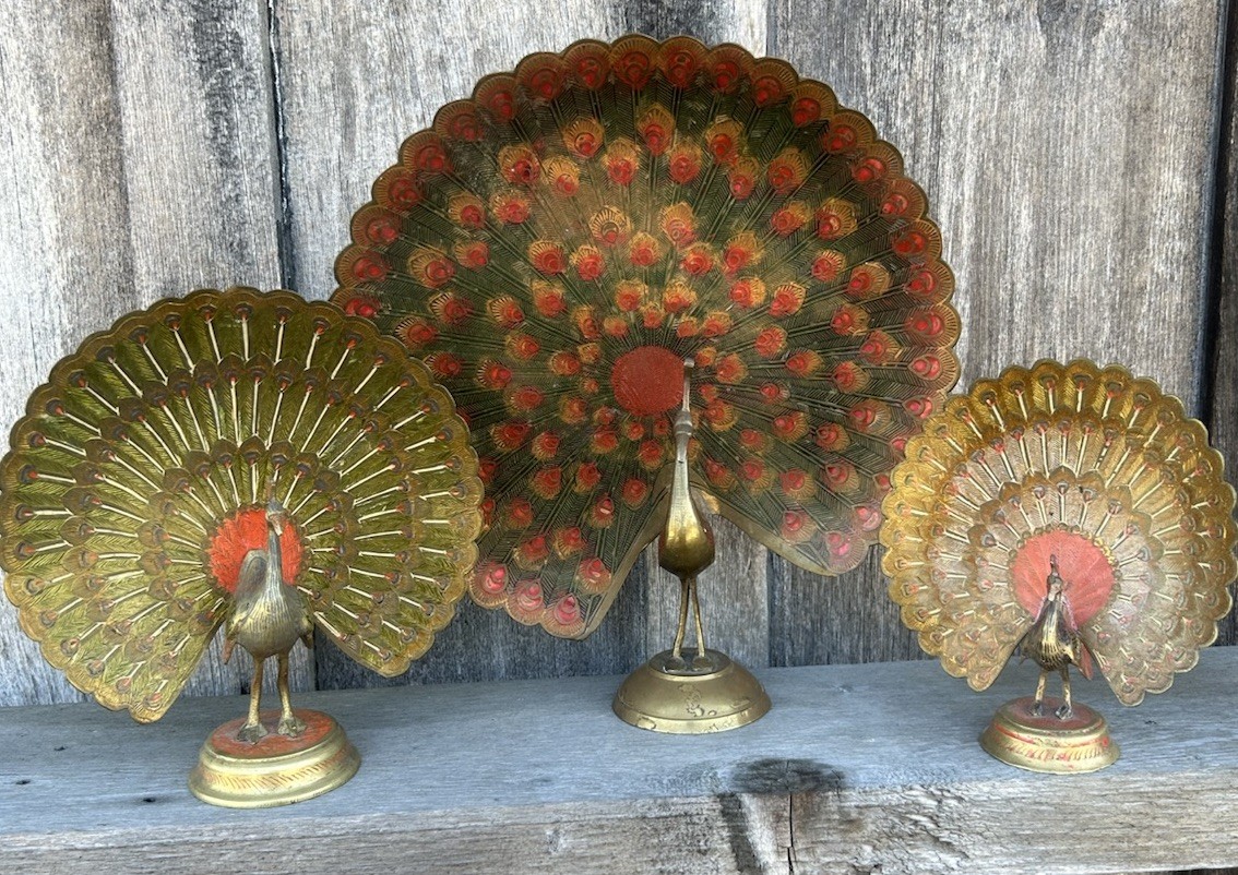 Vintage Peacock Brass Handcrafted Inlay Engraved Lacquer Figurine Lot (3)