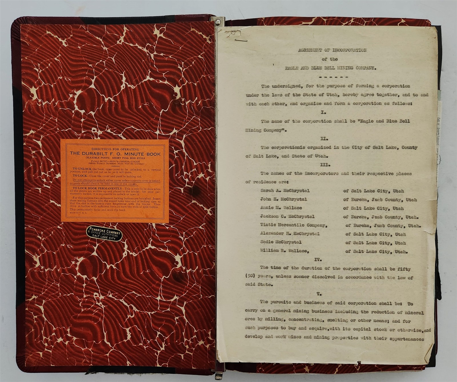 1930 antique EAGLE & BLUE BELL MINING CO eureka ut HISTORY DOCUMENT LEDGER huge