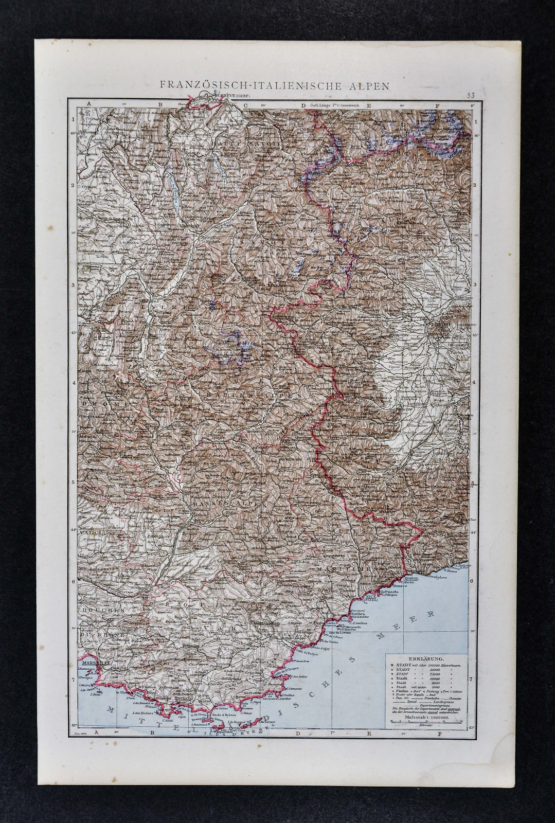 1887 Andrees Map – France & Italy Alps – French Riviera Nice Marseille Mt. Blanc