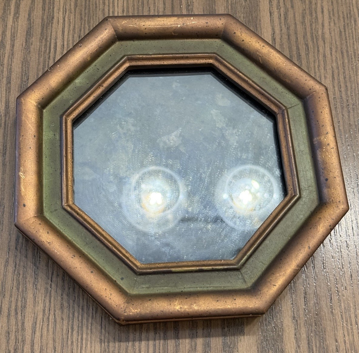 Vtg Old World Bronze Green Octagon Accent Wall Smokey Glass Mirror 8.25×8.25”