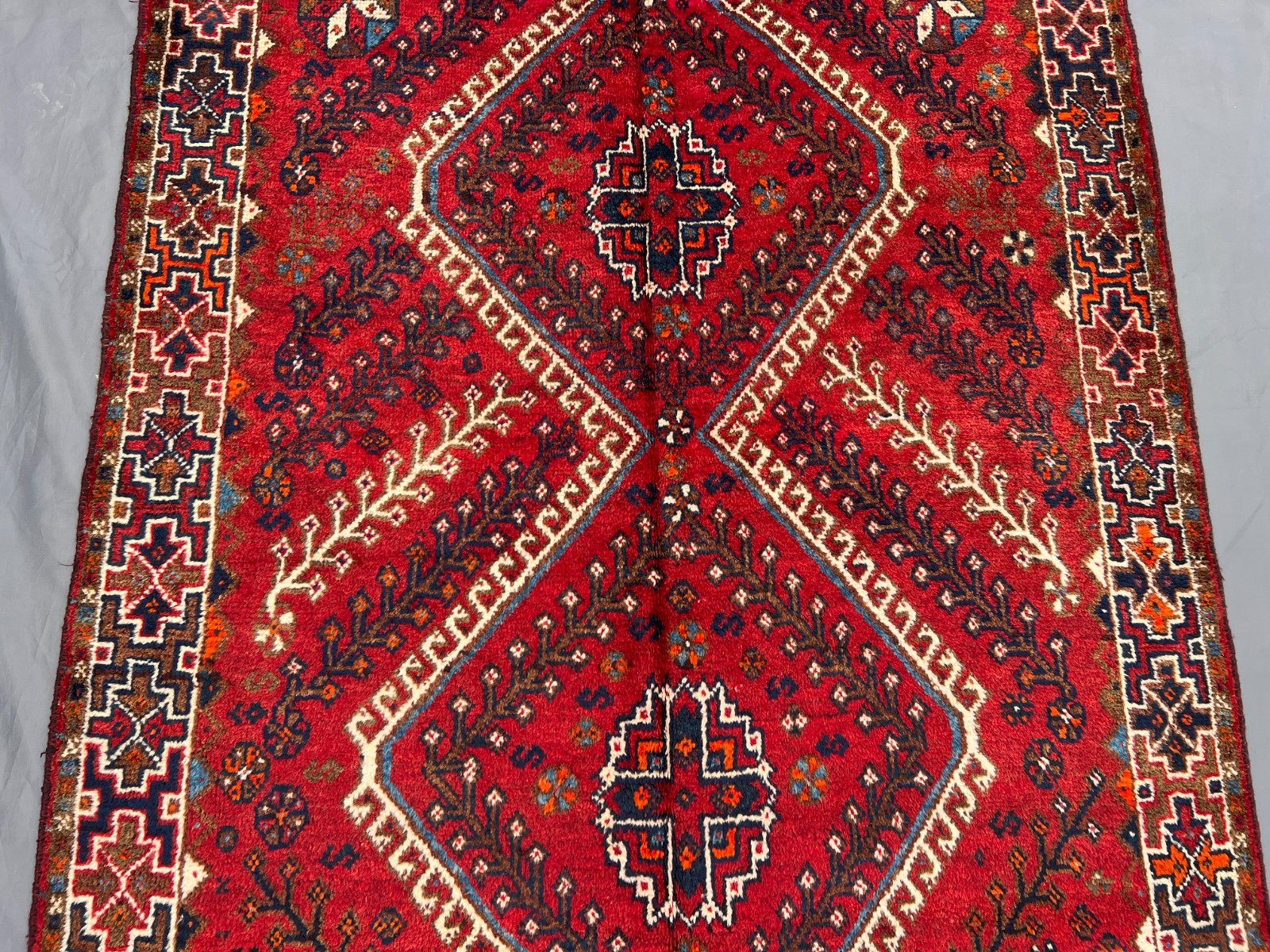 4’1×5’7ft Caucasian Tribal Double Diamond Medallion Handknotted Wool Vintage Rug