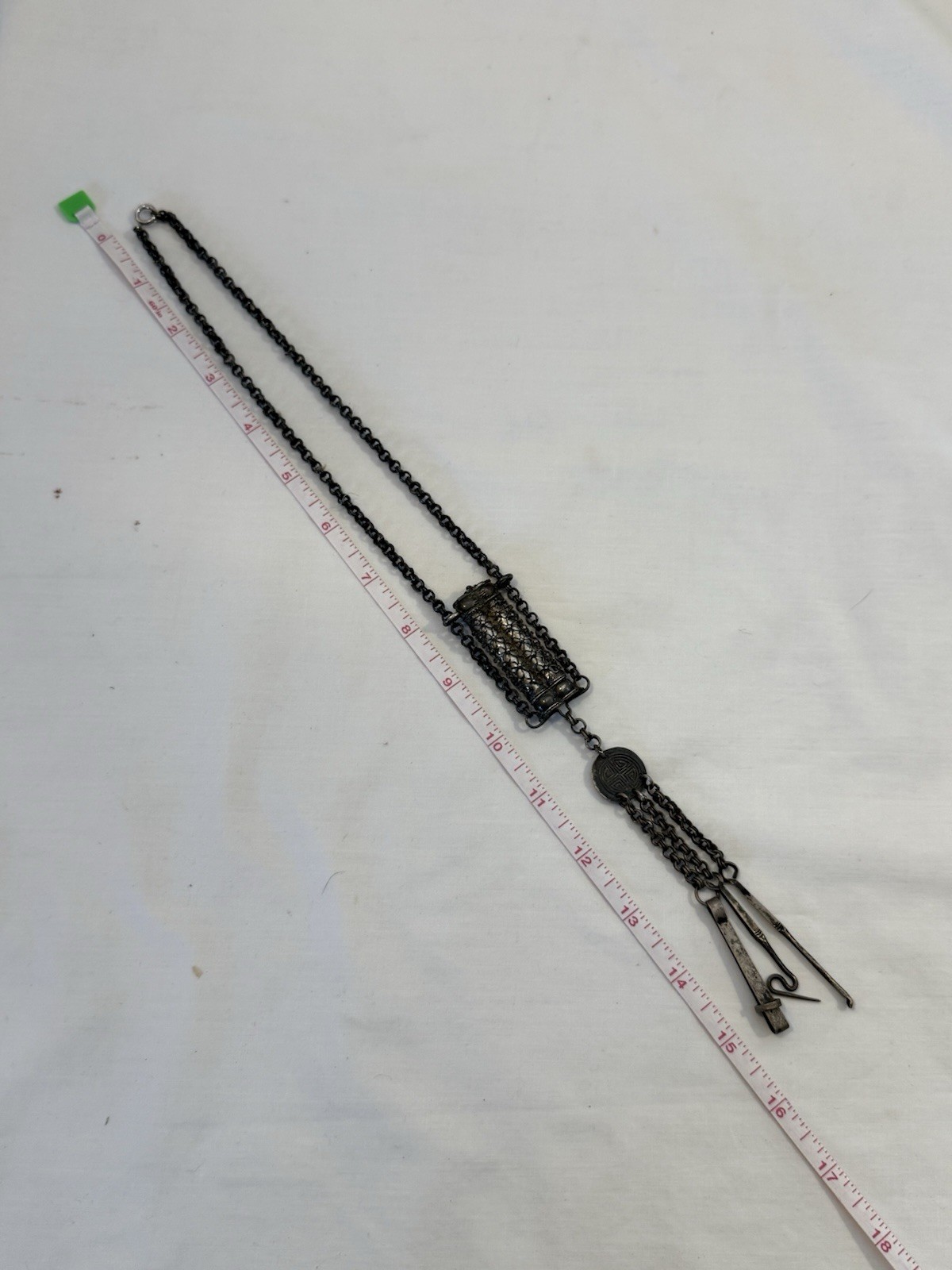 Antique Silver Chinese Opium Chatelaine With Tools and Snuff Box