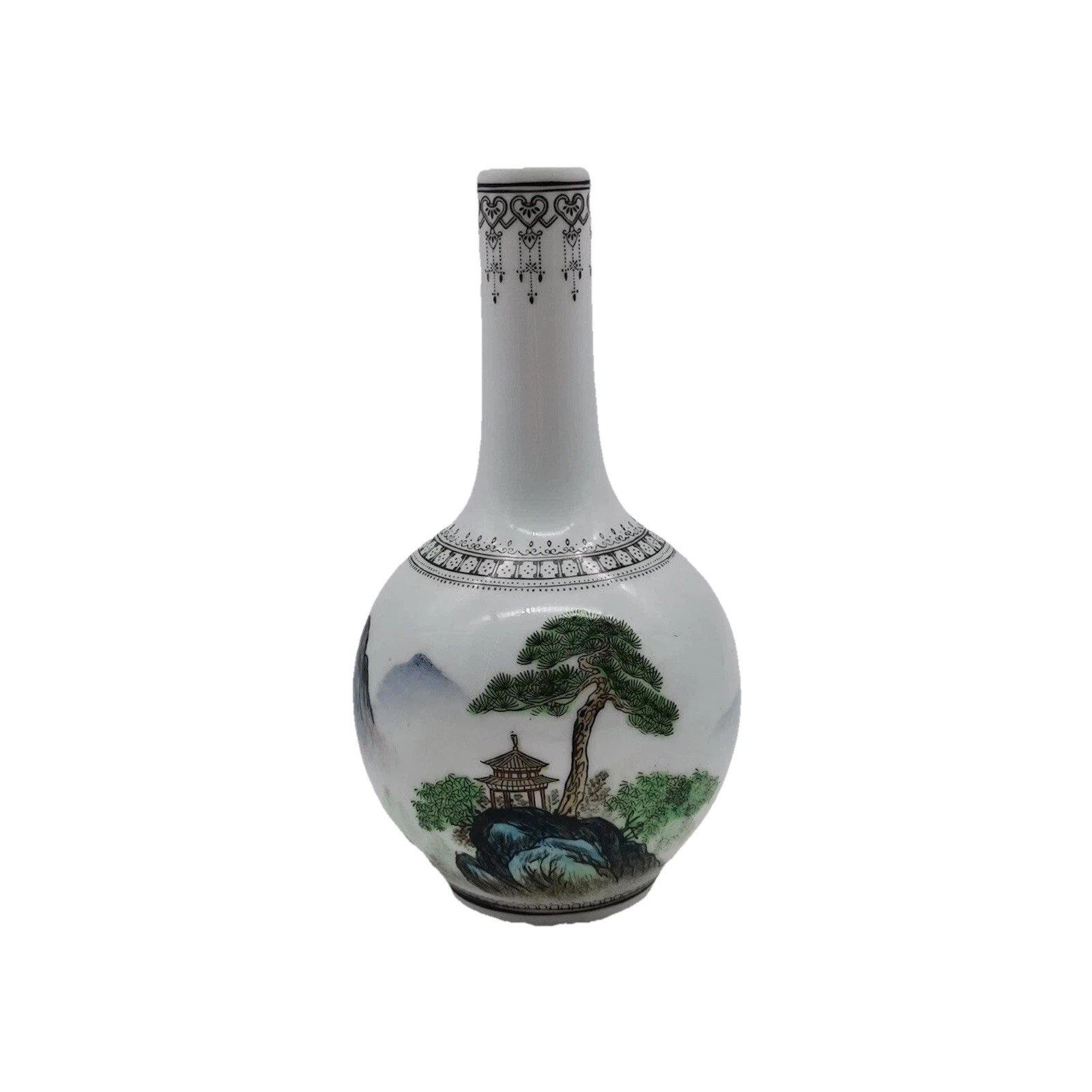 Vintage Chinese Republic era vase with Gingko Tree and Pagoda Decoration H21cm