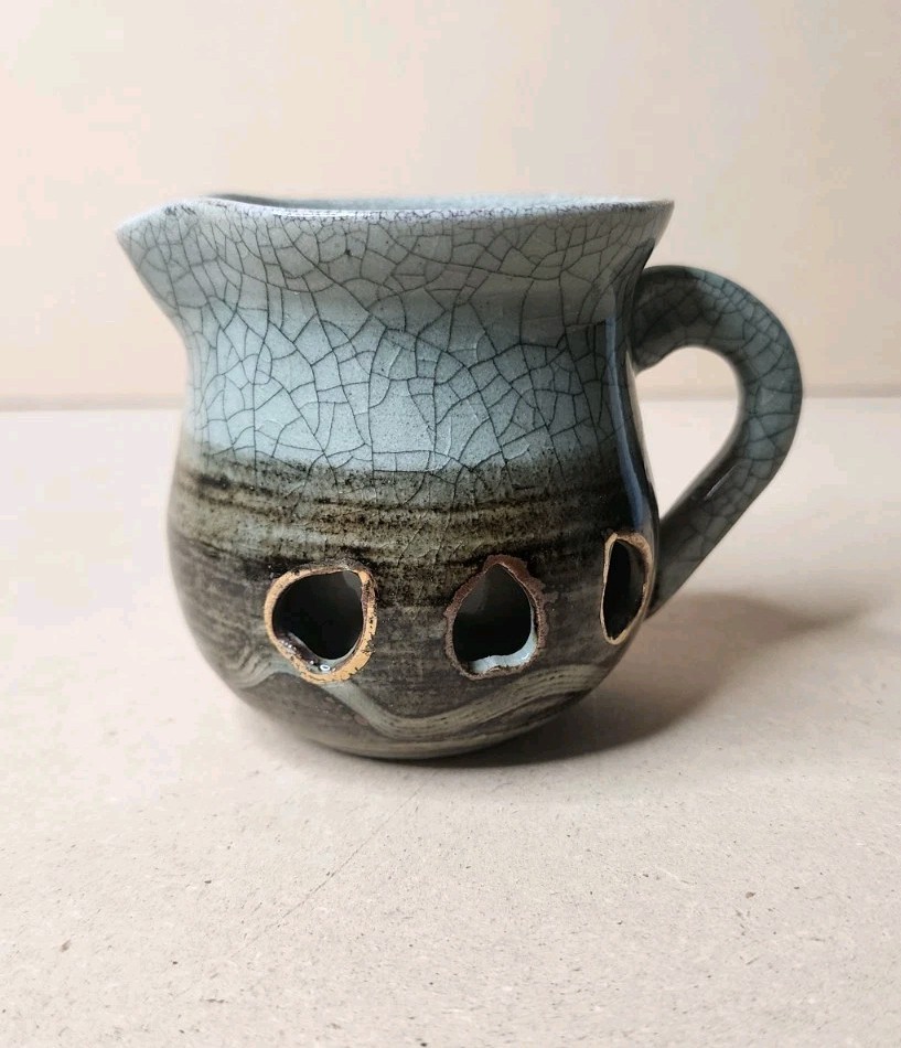 Somayaki Soma Ware Creamer Green Crackle Heart Cut Outs