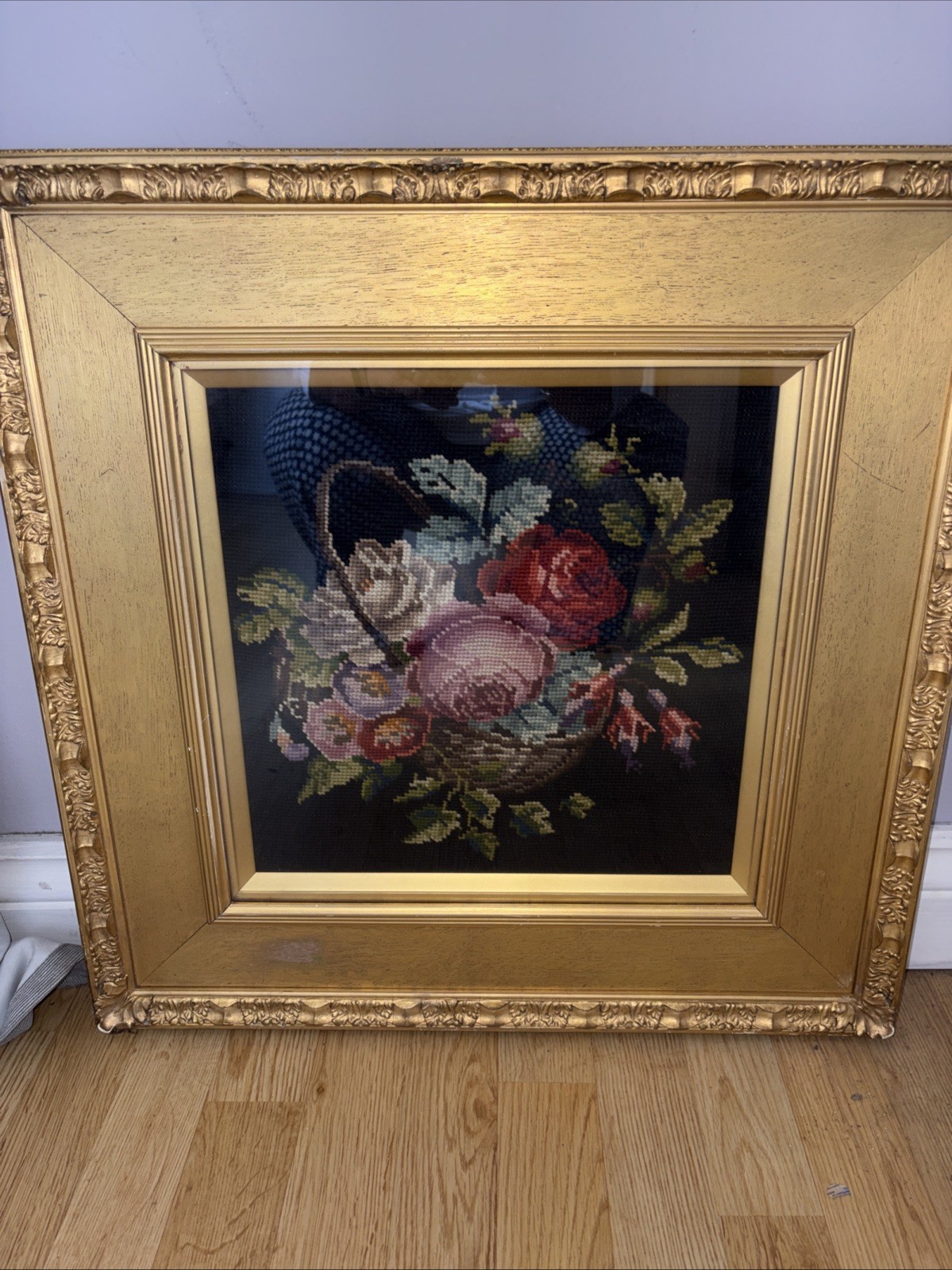 Vintage Tapestry Needlepoint Antique Style Gilt Gold, 22” Rococo Frame, Floral