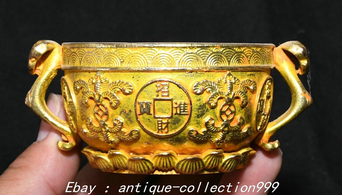 3.5″ Old Dynasty Pure Bronze Gilt Flower Pattern Double Ruyi Ears Wine Cup
