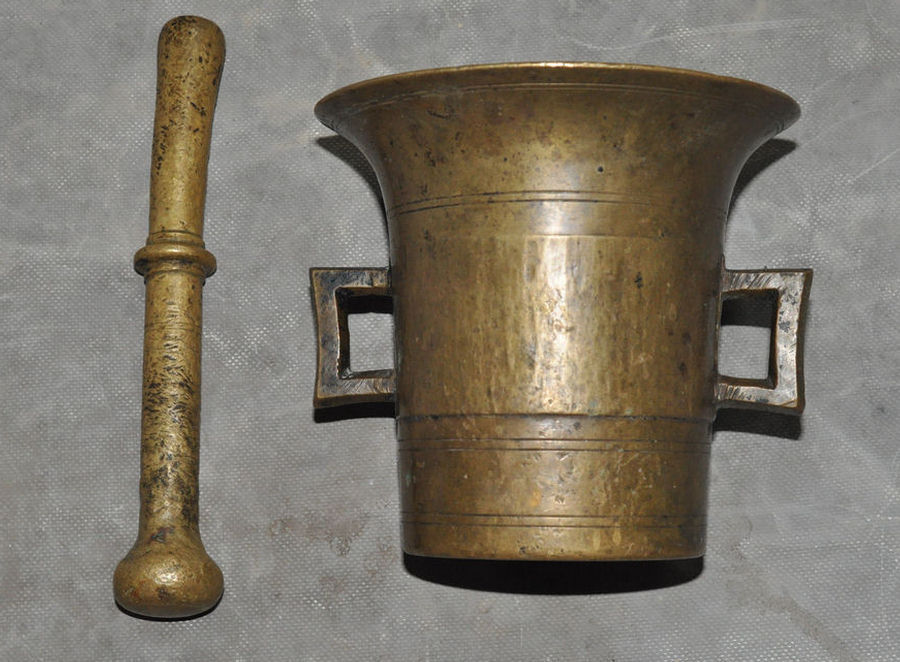 HUGE 19th C GERMAN APOTHECARY MORTAR AND PESTLE 2.8 KG BRASS MEDICAL ANTIQUE