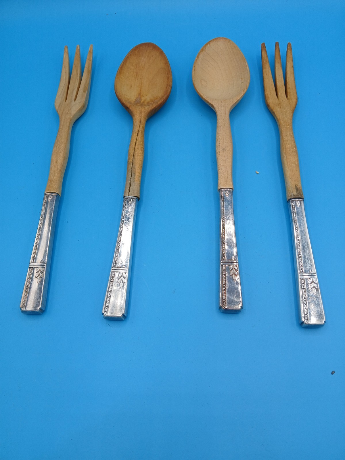 Vintage Wood & Silver Handled Serving Utensils 4 Piece Salad Spoon & Fork