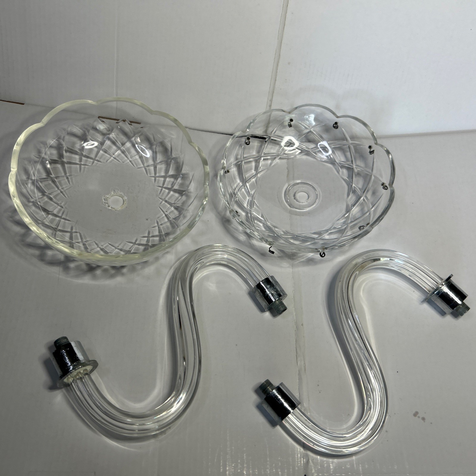 VTG Chandelier Parts 2 Crystal 6” Wide bobeches 7”Glass Arms 2 Chrome Ends Old