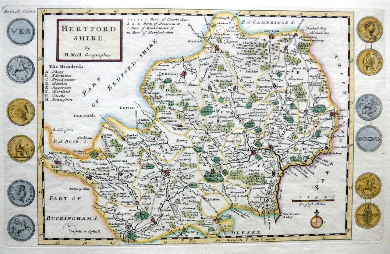 HERTFORDSHIRE BY HERMAN MOLL c1724 ORIGINAL ANTIQUE COPPER ENGRAVED MAP