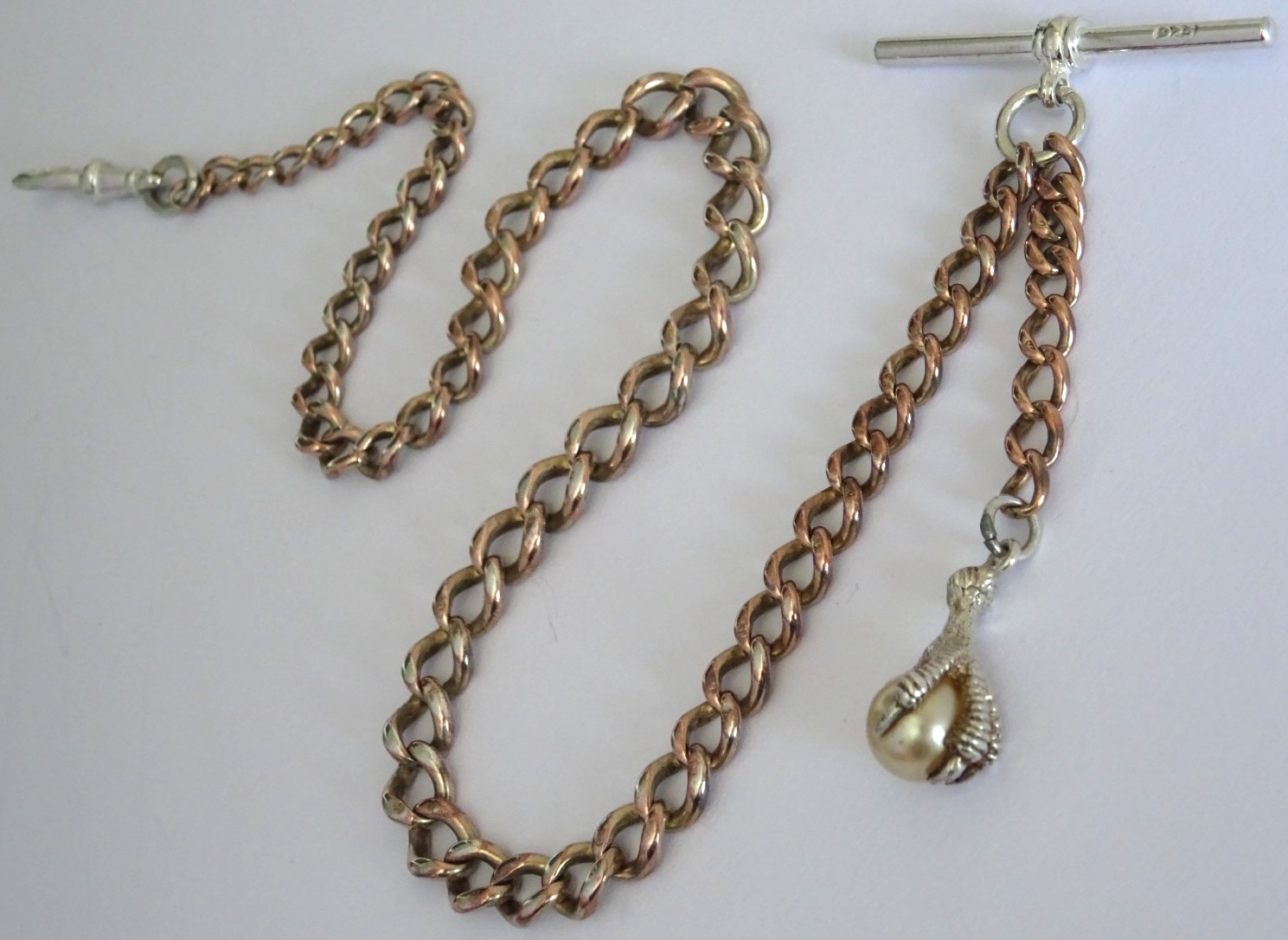 Antique gold on solid silver pocket watch albert chain w ‘pearl’ claw & ball fob