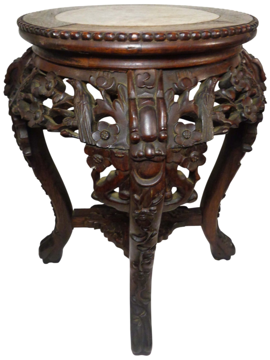 LATE 19TH C. CHINESE ANTIQUE HAND CARVED ROSEWOOD PLANT STAND W/MARBLE INSET TOP