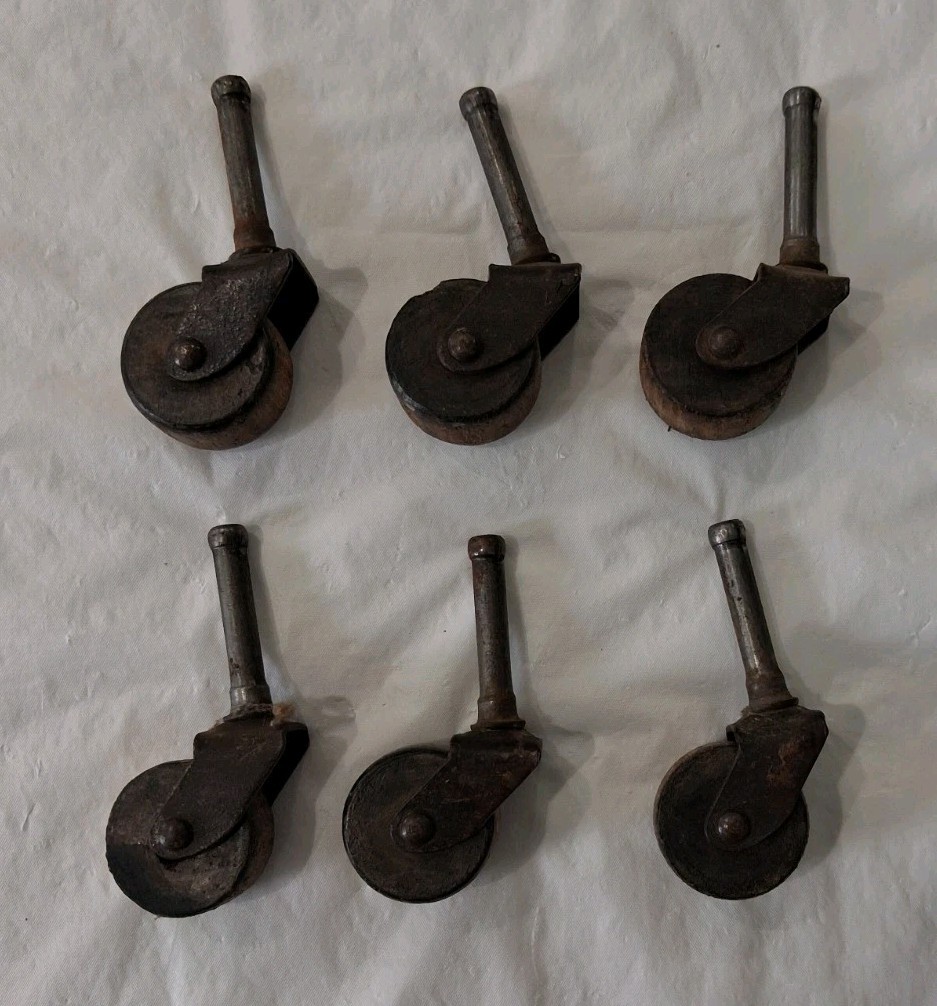 Lot of 6 Antique Vintage Hardware Furniture Swivel Stem Steel Wood Caster Wheels