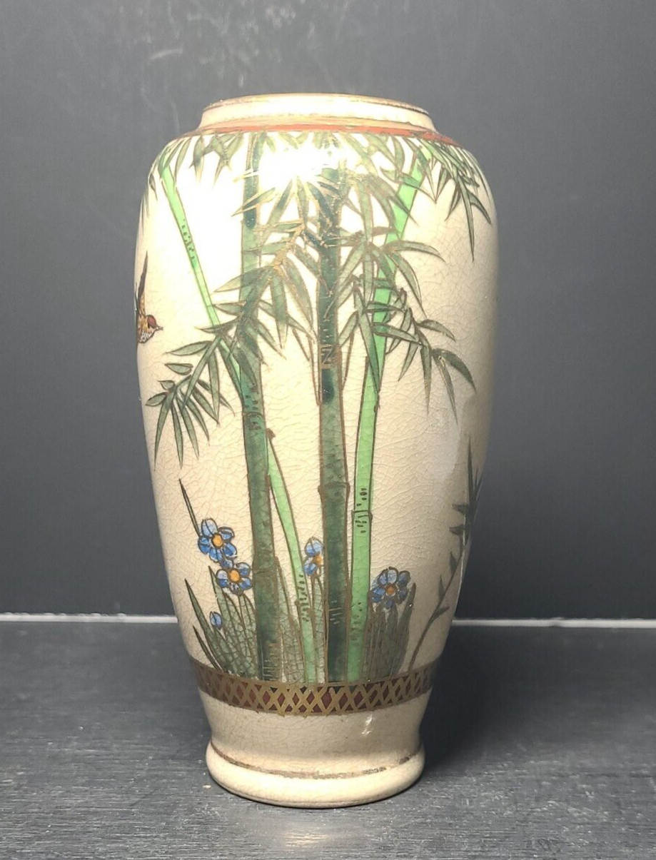 Kazan Shimazu Satsuma Vase Bamboo Leaves Meiji Period 5″ x 2.5″ early 1900’s
