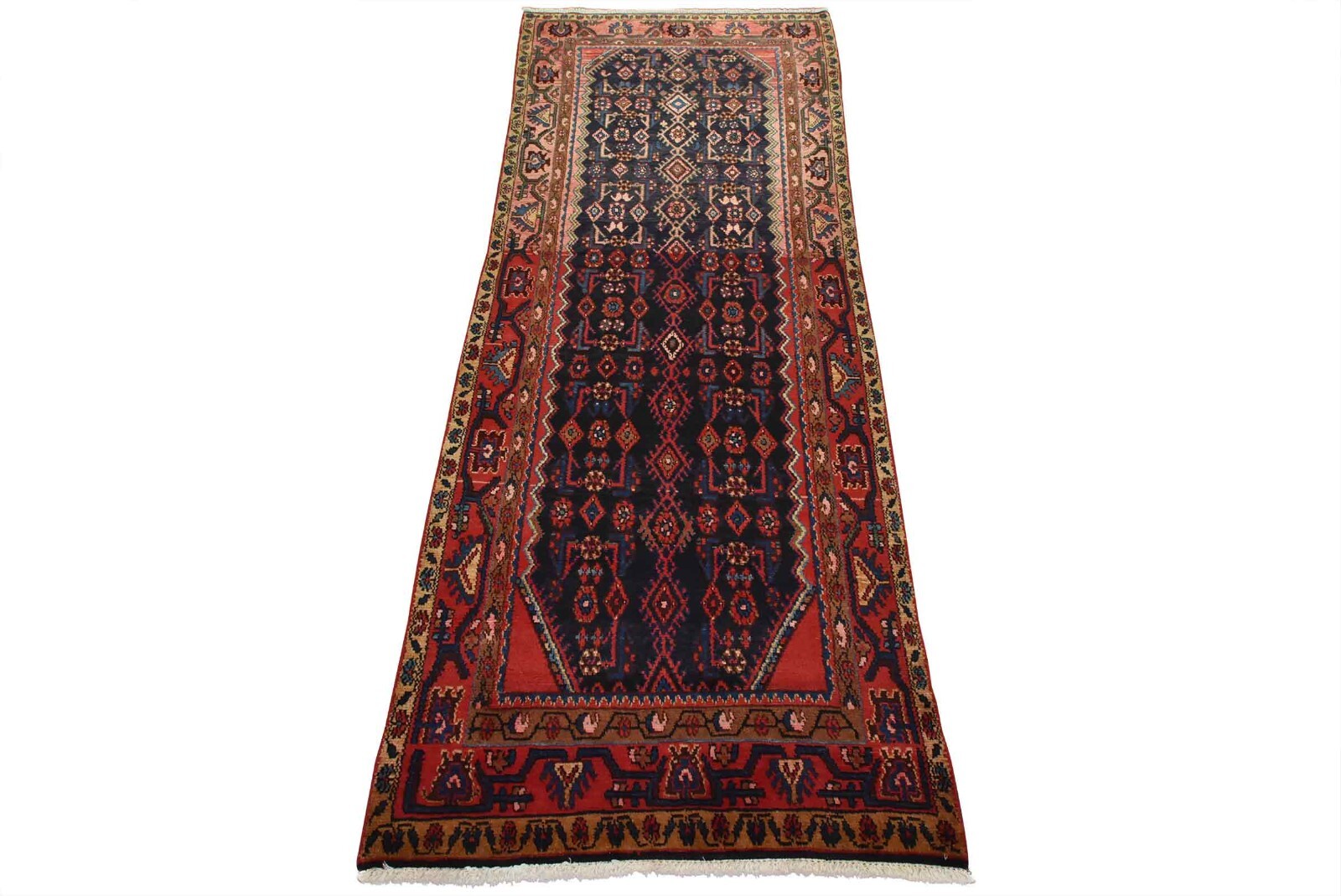 Vintage Tribal Runner 3’11” x 9’4” Blue Wool Geometric Hand-Knotted Oriental Rug
