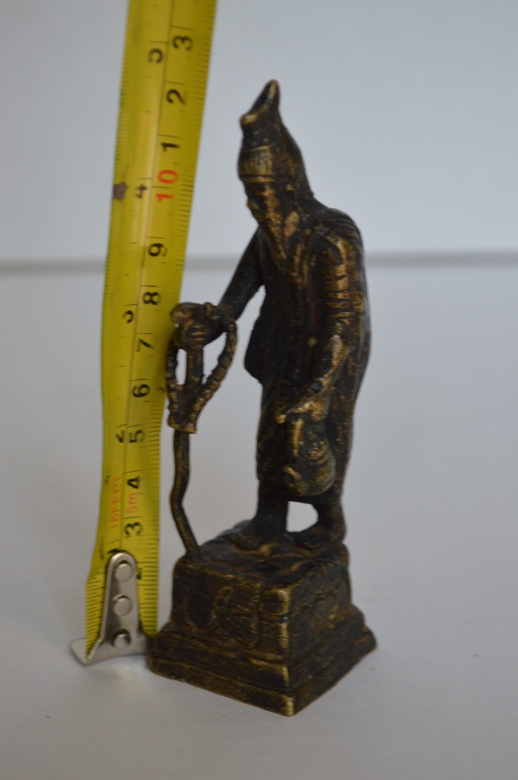 Antique Bronze Chinese Statue Man Using Snake As A Kane.