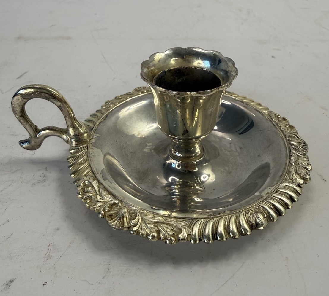 Vintage Silver Plate Chamberstick Finger Candle Holder Ornate Gadroon Scroll