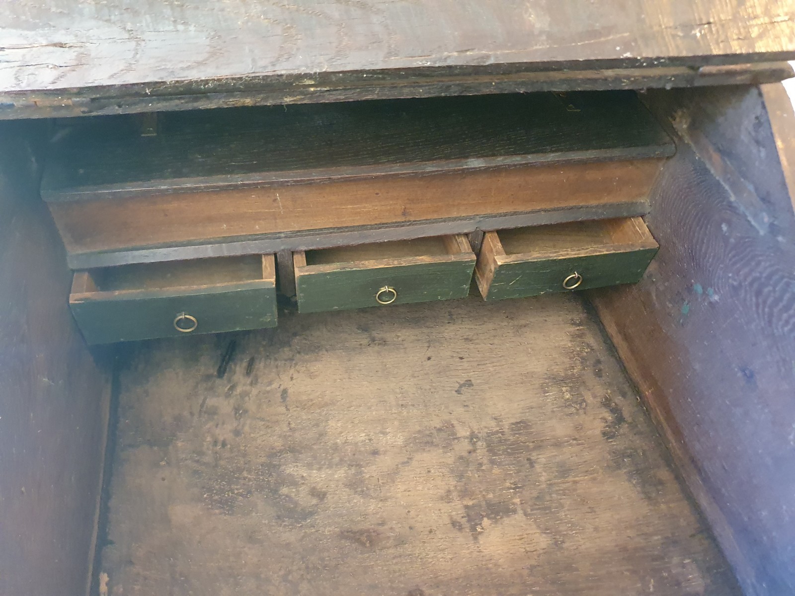 Antique 17th century & later carved oak bible box slope lock & key 3 drawers