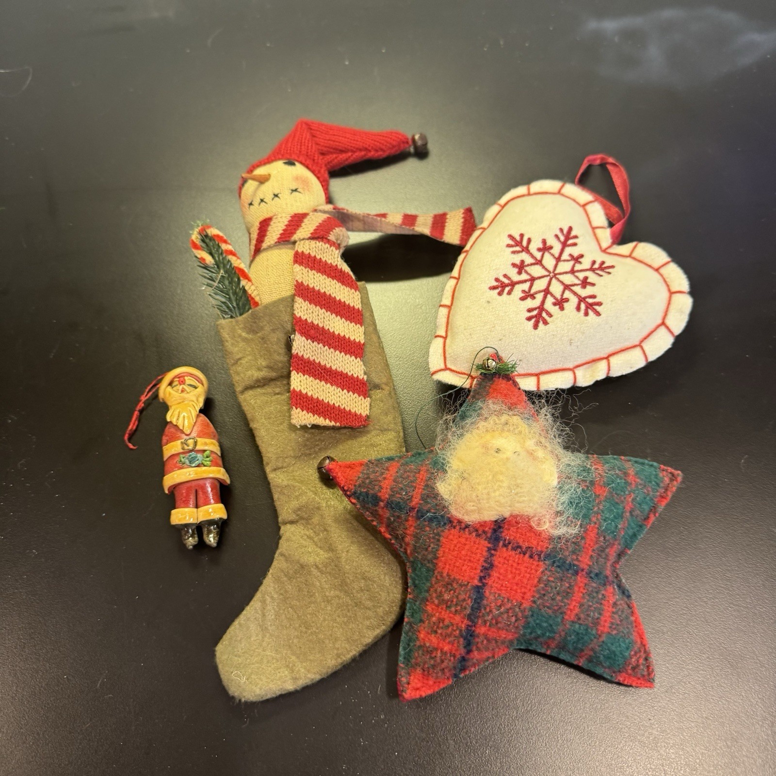 Primitive Christmas Ornaments Santa Star Snowman Stocking Heart NeedlePoint Clay
