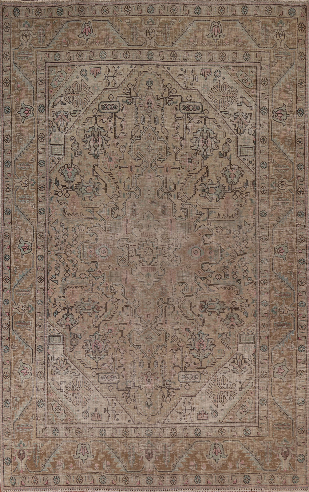 Vintage Muted Distressed Wool Tebriz Area Rug 6×9 Hand-knotted Living Room Rug