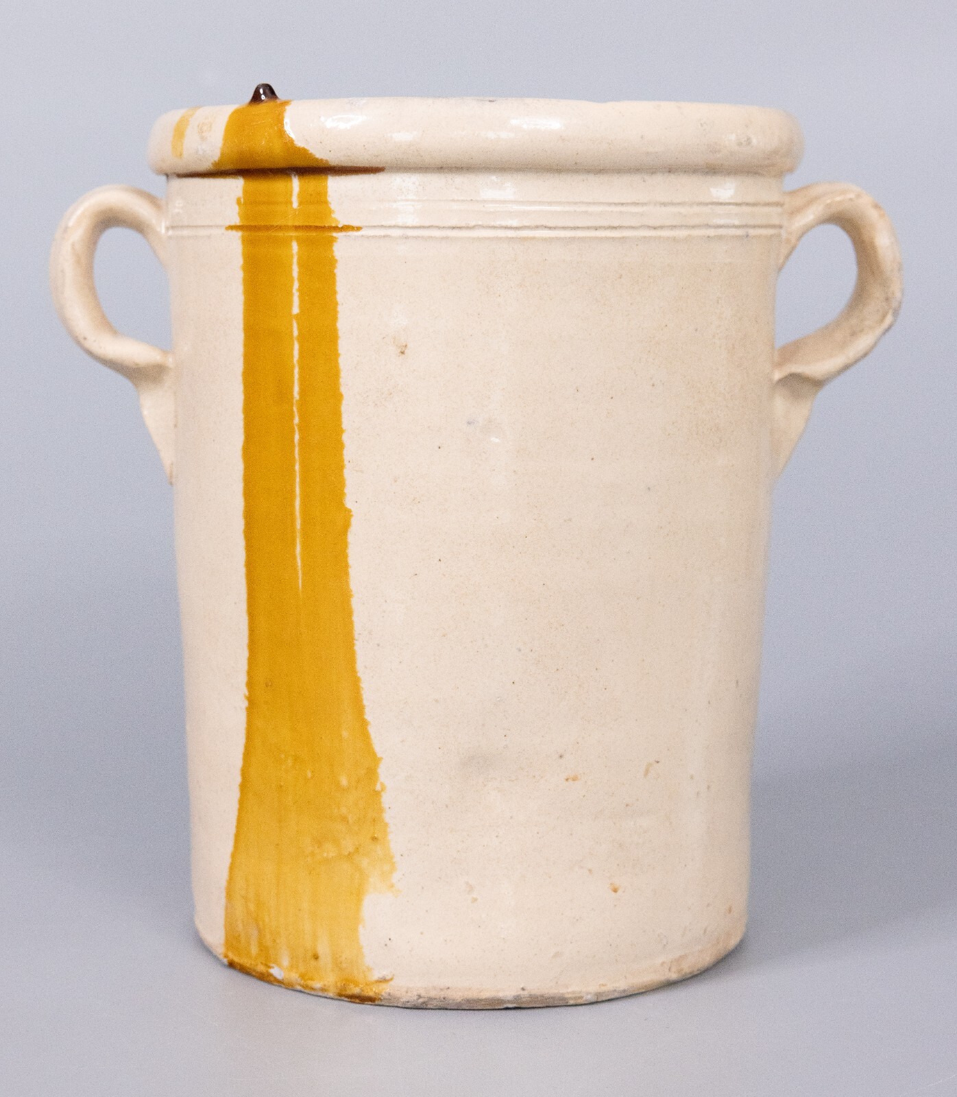 Antique 19th C. Italian White Cream Yellow Drip Glazed Confit Pot Vase 10.25″H