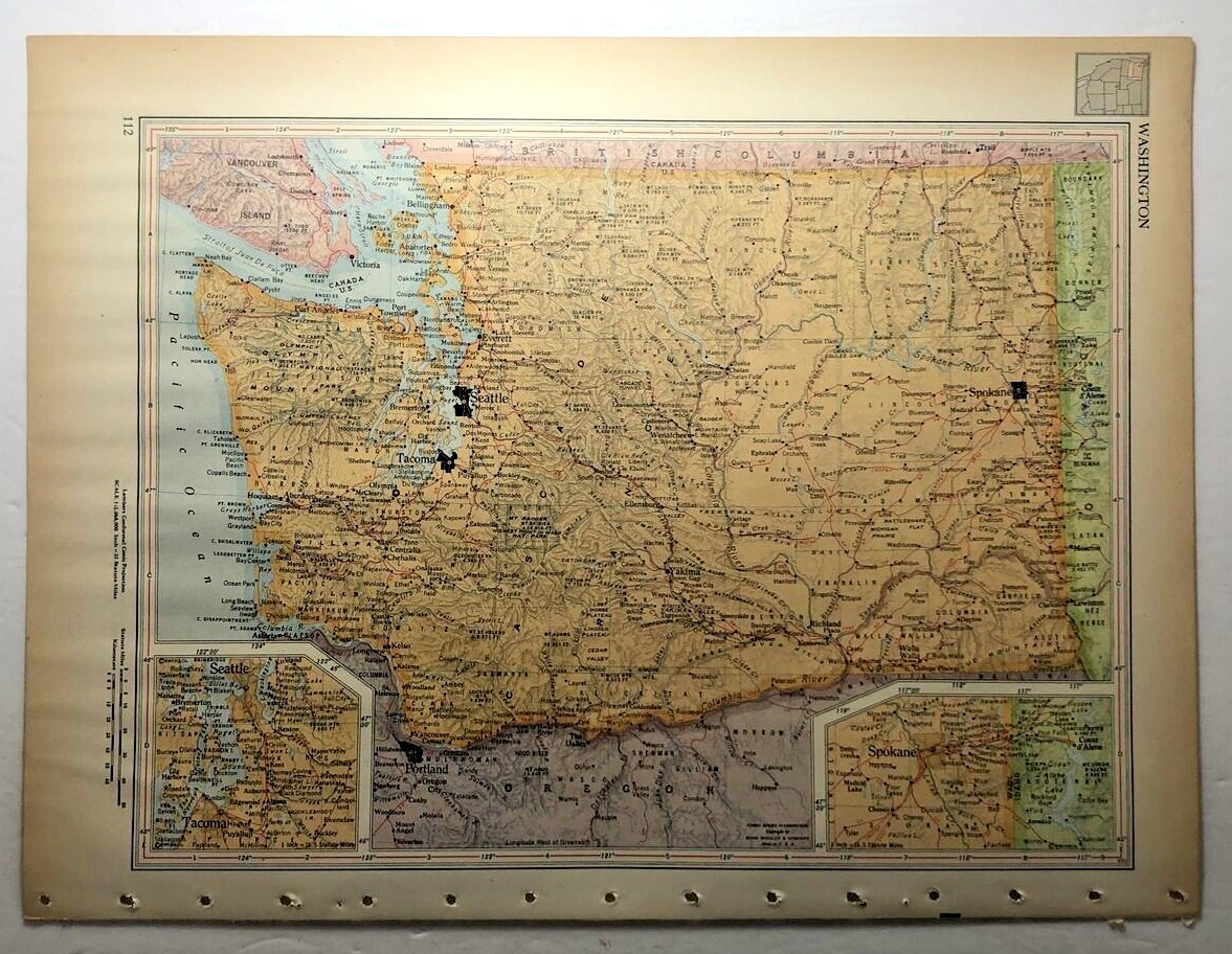 1952 Vintage WASHINGTON Antique Atlas Map – Encyclopedia Britannica World Atlas