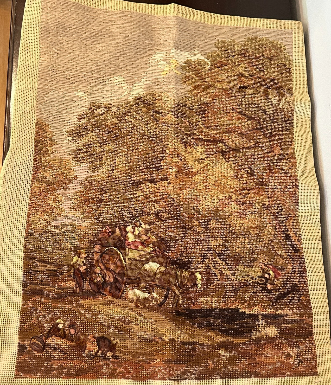 Antique Handmade Embroidered Tapestry Artwork Carriage Tree Figures 16″ × 22″