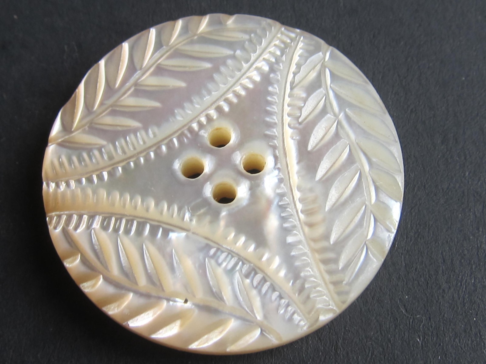 EX Rare 1890s Victorian MOP Button 1 1/4” Carved Fern, Triangle, Concave Back