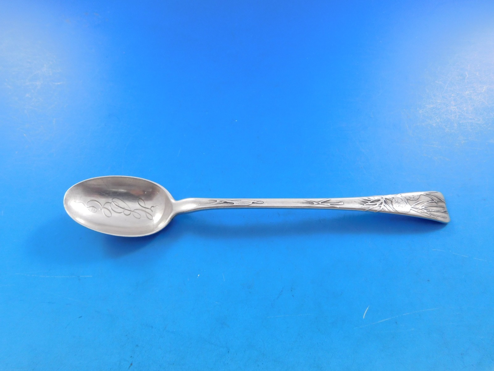 Lap Over Edge Acid Etched by Tiffany Sterling Parfait Spoon Floral Motif 6″