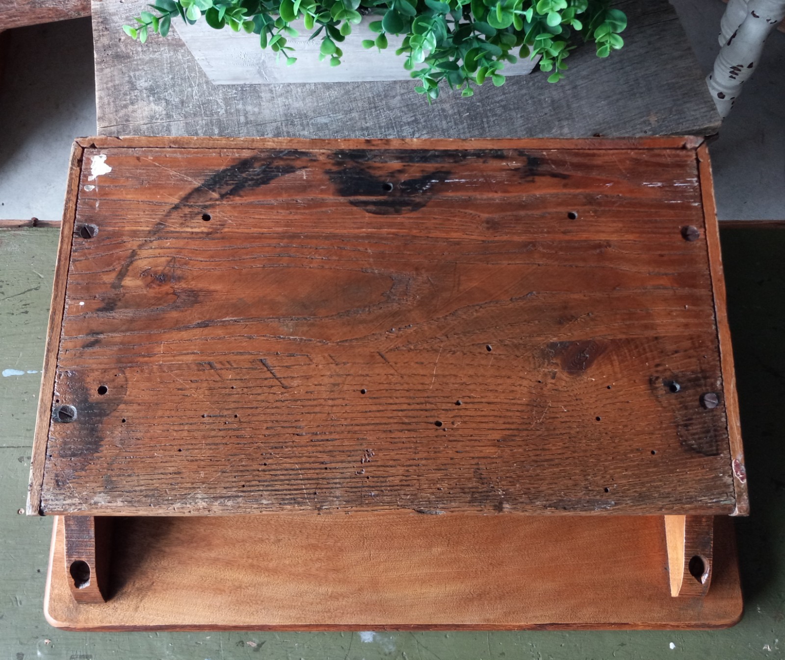 Vintage Solid Oak Hand Painted Folk Art 1940’s Tabletop Desk Original Heavy RARE