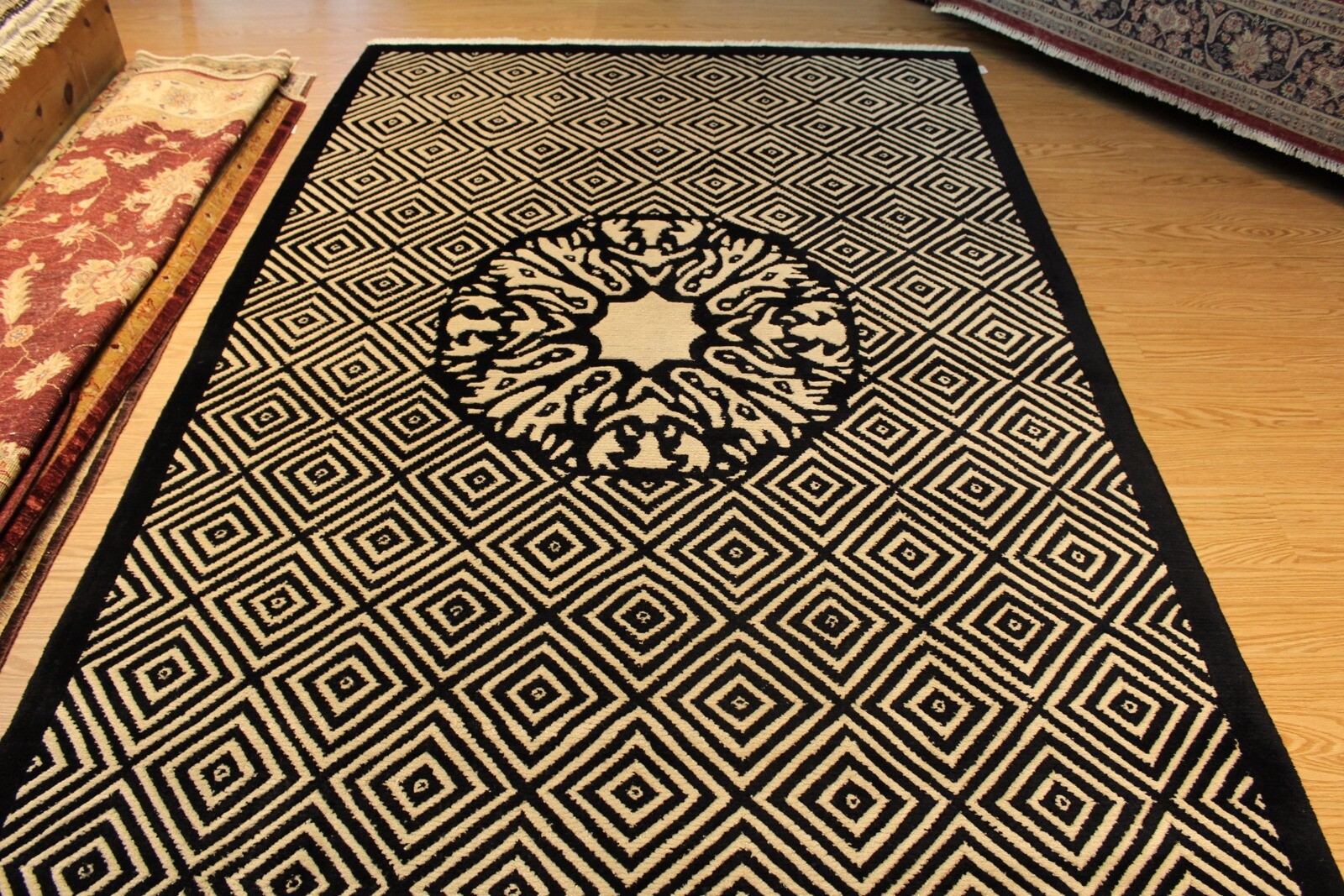 TIBETAN RUG Black & White 6′ x 9′ handmade Thick Wool Area Rug