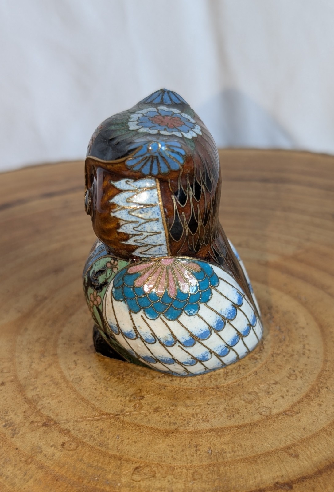 Vintage Cloisonne Enamel Copper Owl Bird Statue Sculpture Ornament. From China.