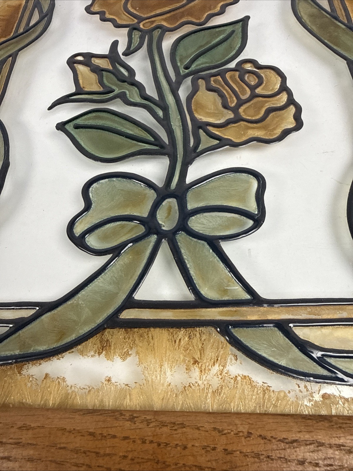 VTG Stained Glass Window Panel Hand painted Rose Flower Sun Catcher Wood 18×14