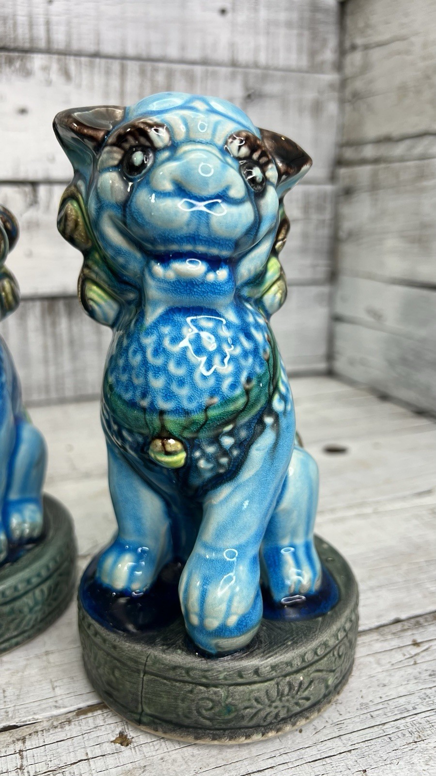 VINTAGE PORCELAIN TURQUOISE FOO DOG FIGURINES PAIR 2 MCM JAPAN AS IS READ 🩵