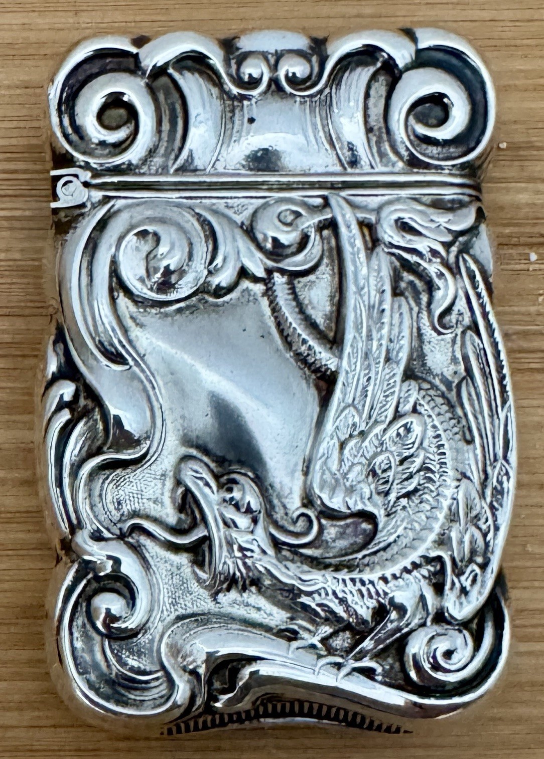 RARE GILBERT? STERLING FIGURAL DRAGON MATCH SAFE VESTA CASE C. 1905