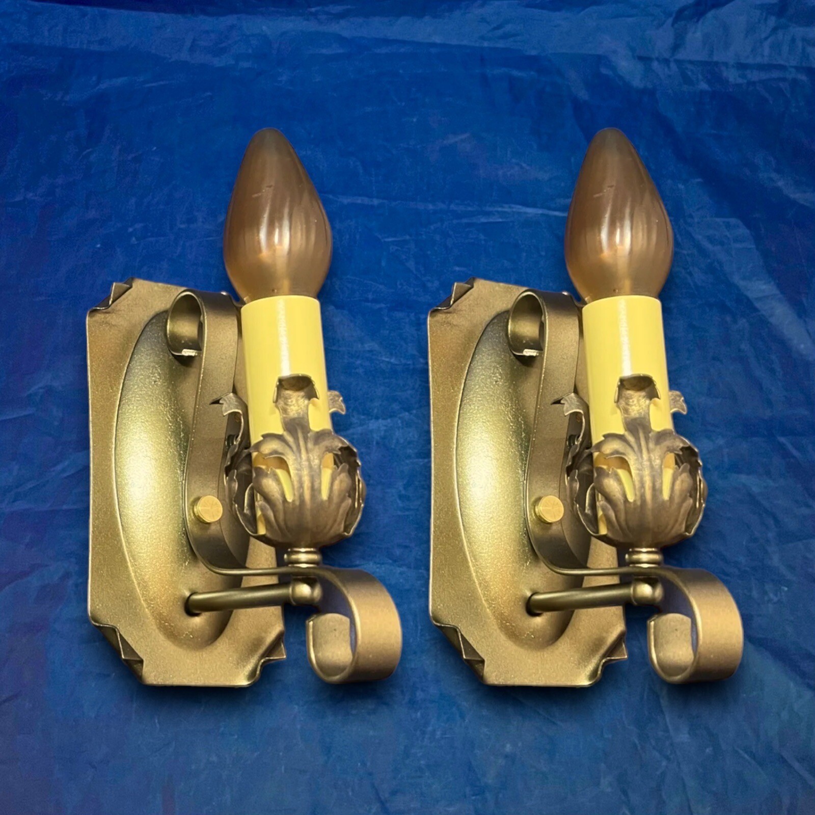 Pair antique Scroll Sconce fixtures RARE Polychrome Finish 21D