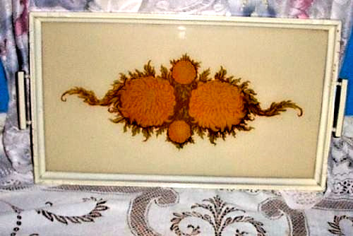 Reverse Glass Floral Chrysanthemum Tray Cottagecore Chippy Creamy Wood Antique