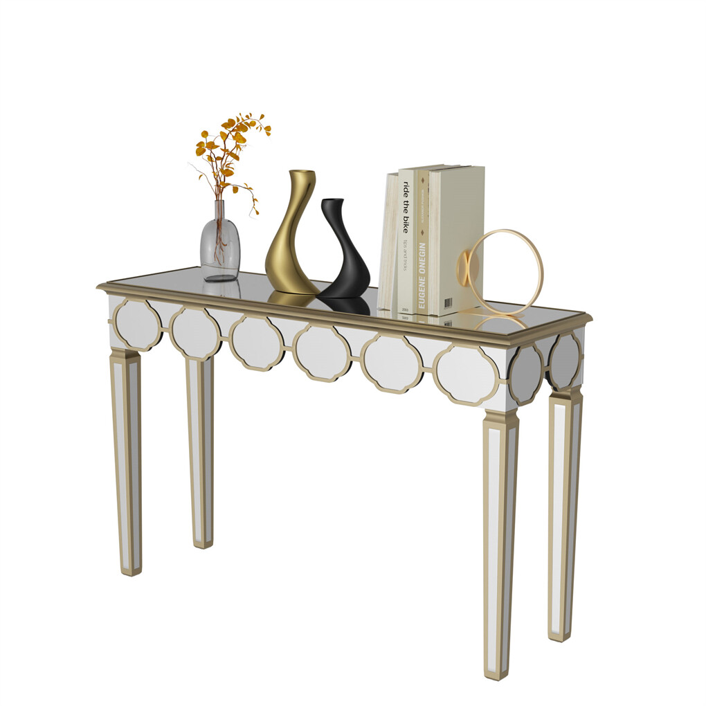Delicate Mirror Console Table Gold Trim Vanity Table with Stable Tapered Legs