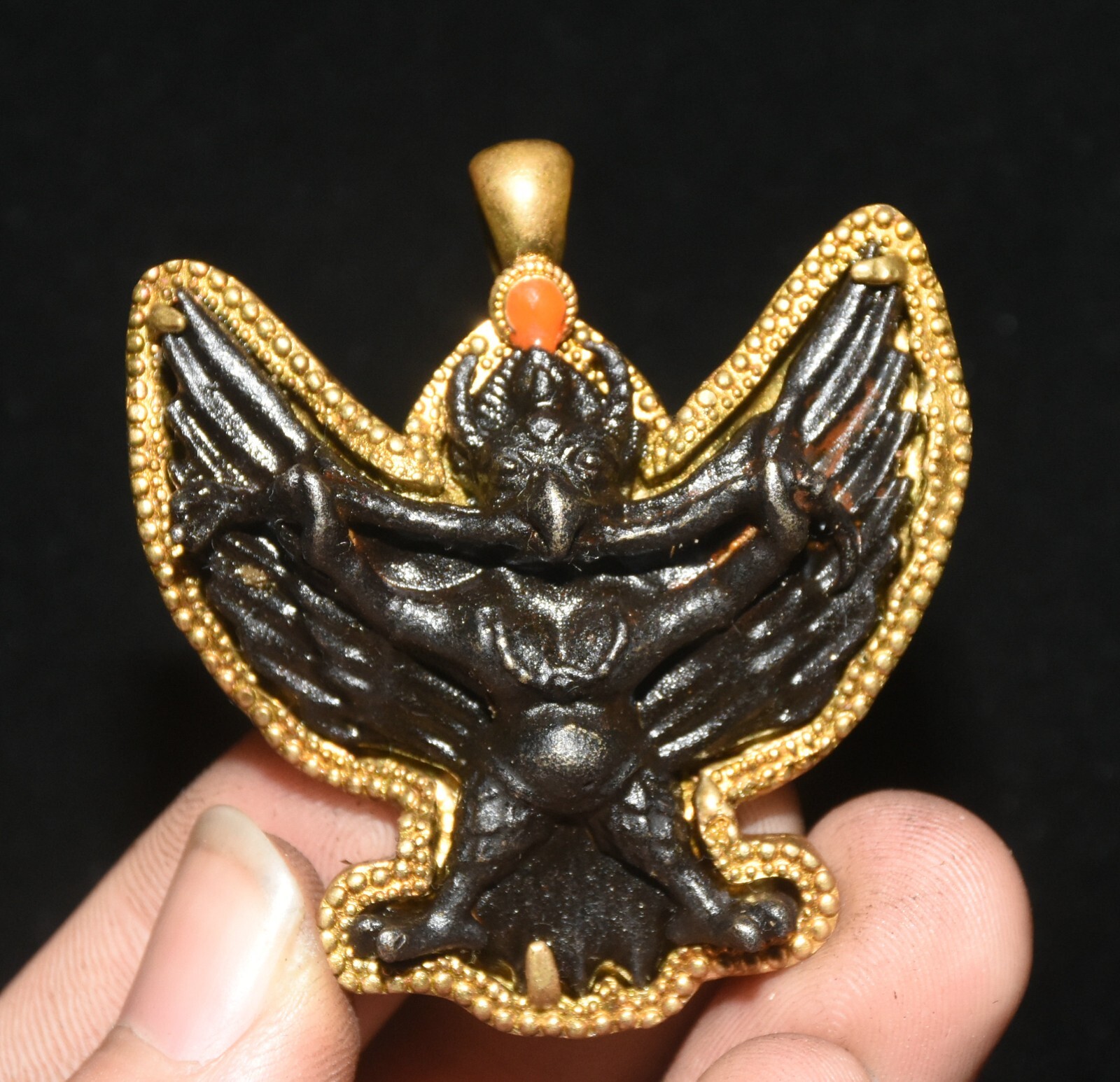 Old Tibet Bronze Gilt Redpoll Winged Garuda Bird Eagle Buddha Amulet Pendant