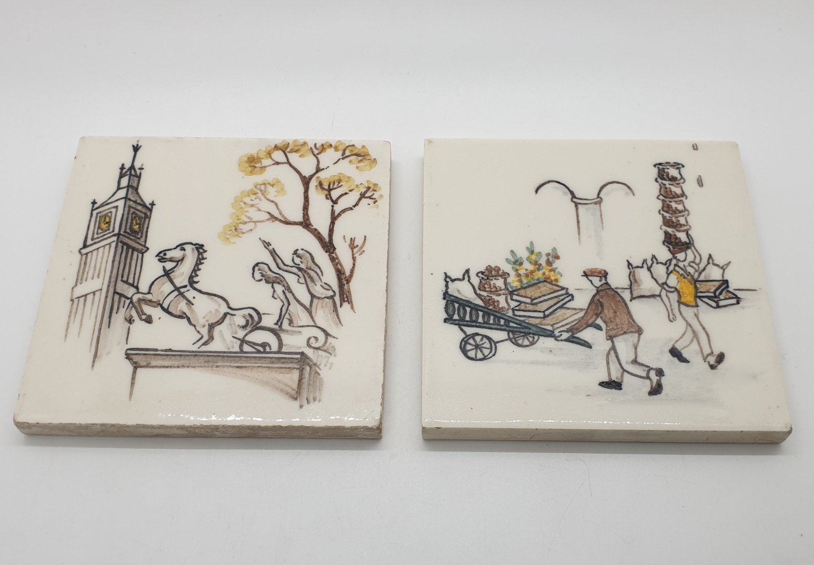 Pair of Hand Painted Decorative Tiles 4×4 Inches Minton C1960