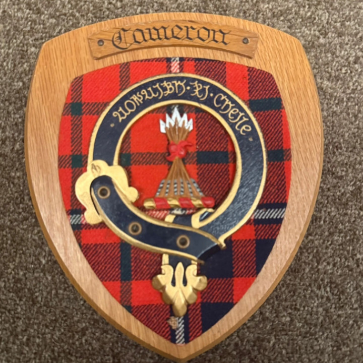 Vintage Old Scottish Clan Cameron Braveheart Tartan Plaque Crest Shield av
