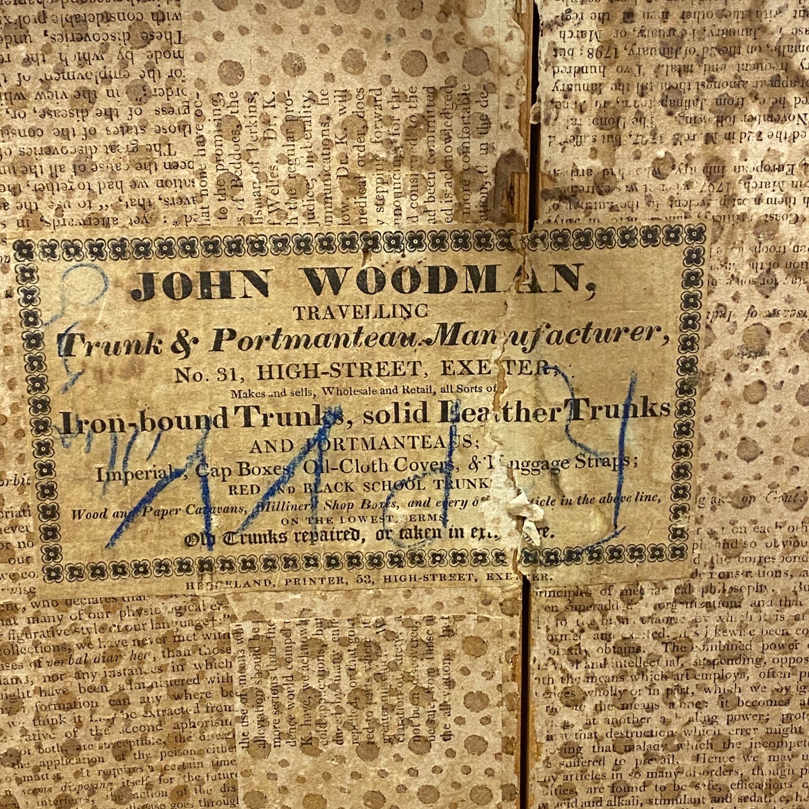 John Woodson Exeter ANTIQUE HIDE COVERED STAGECOACH TRUNK Newspaper Lined VTG