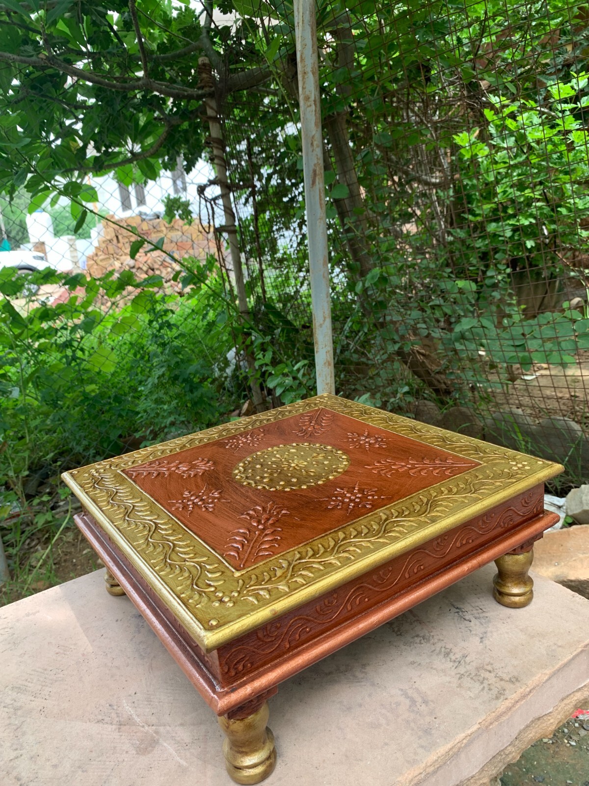 Embossed Wooden Bajot Home Decor Antique Chowki Table Top Bench Pooja Stool