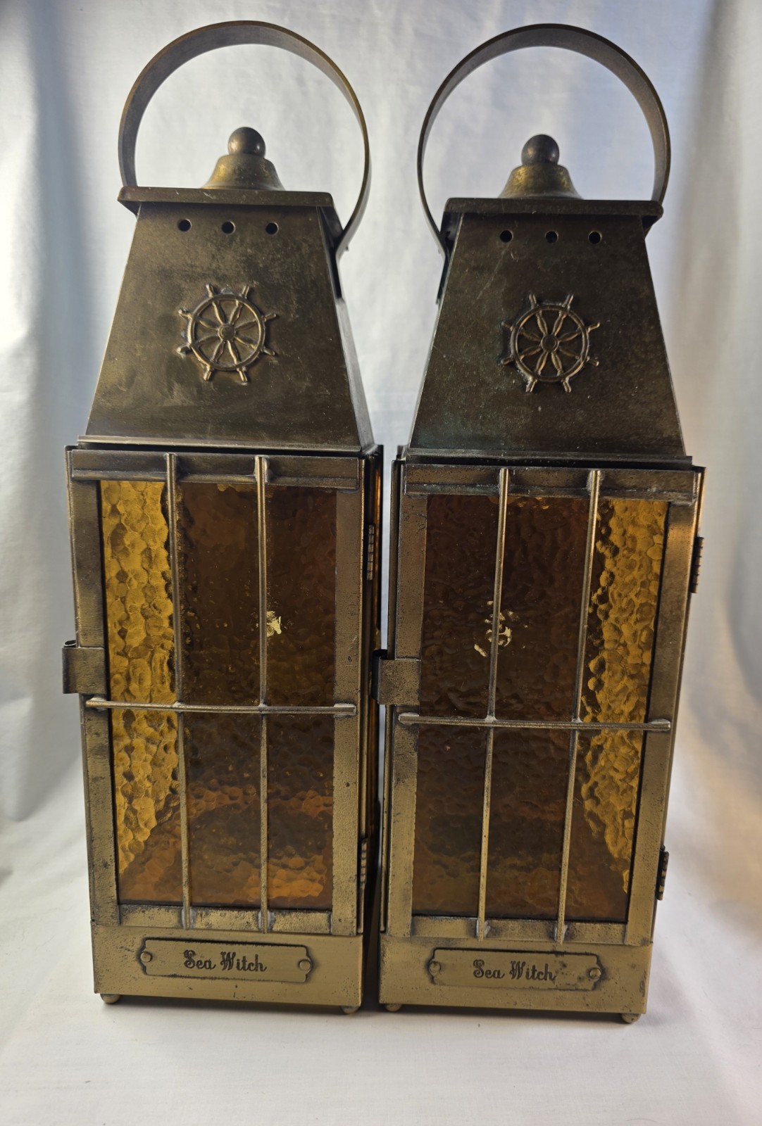 Two Branded Sea Witch Brass Lights 1960’s Hardwired W/Amber Glass Panes Nautical